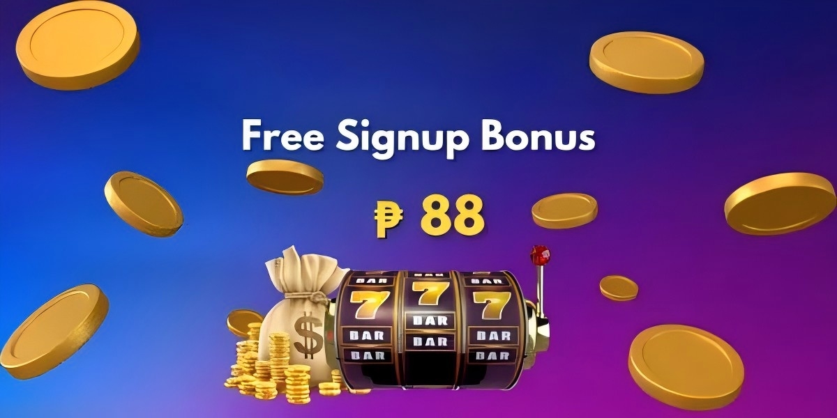Blue and purple welcome banner with gold coins, a money bag and a triple-seven slot machine advertising a free signup bonus of 88 pesos