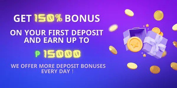 Purple and blue banner with an open white gift box and flying gold coins advertising a 150 percent first deposit bonus worth up to 15,000 pesos