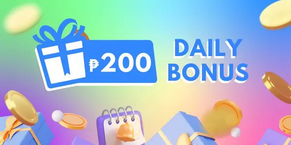 Pastel banner with a blue gift box, a calendar and a 200 peso price tag advertising a daily bonus